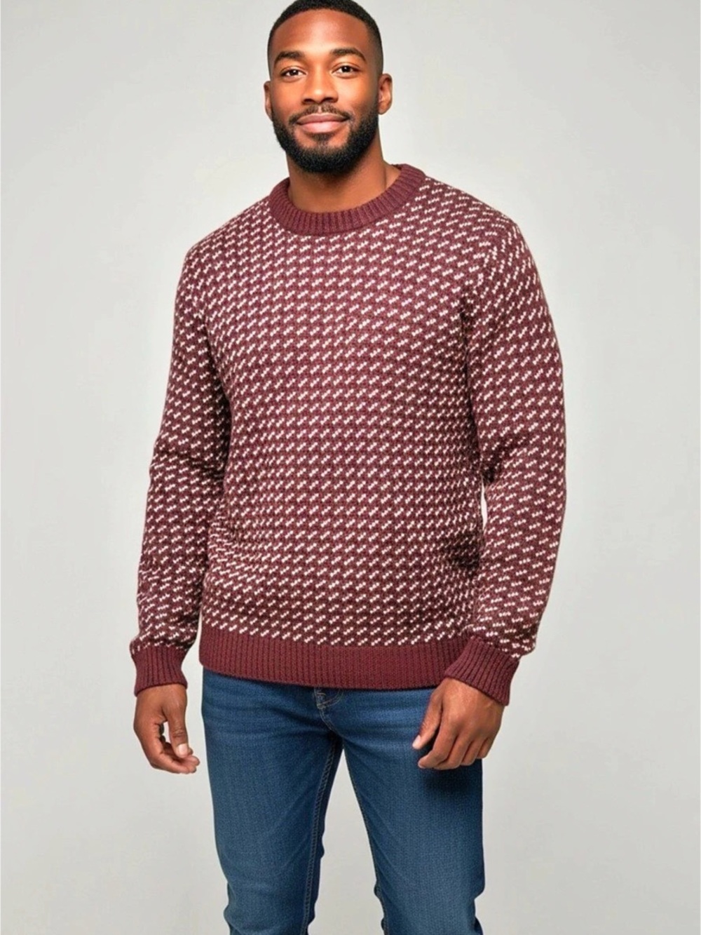 L.L.Bean Norwegian Wool Birdseye Crewneck Men's Geometric Sweater